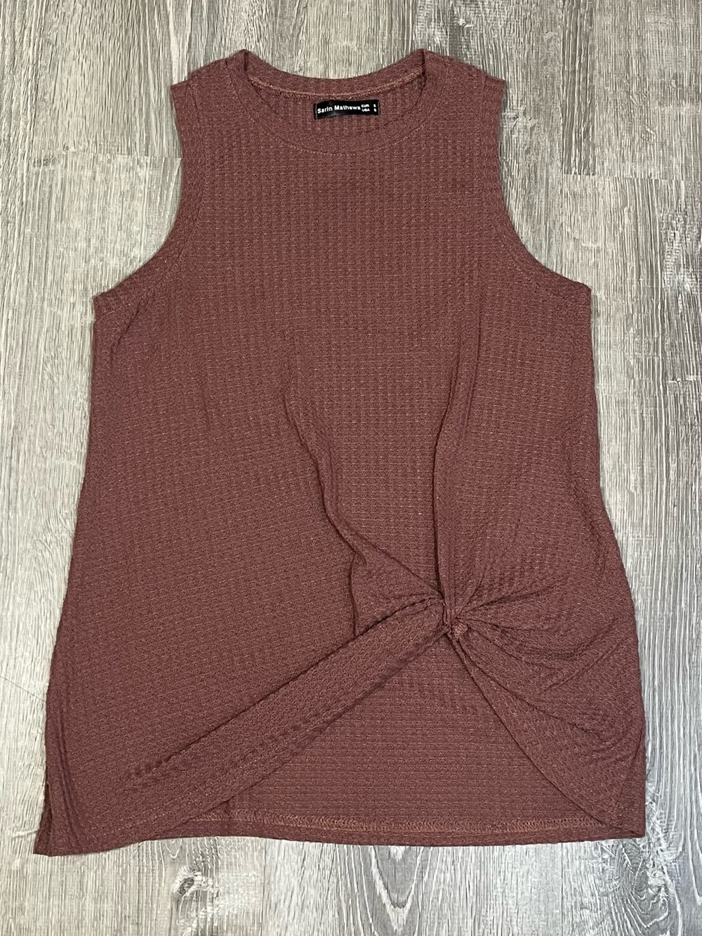 Sarin Mathews Size Small Mauve Brown Sleeveless Knot-Front Waffle Knit Tank Top